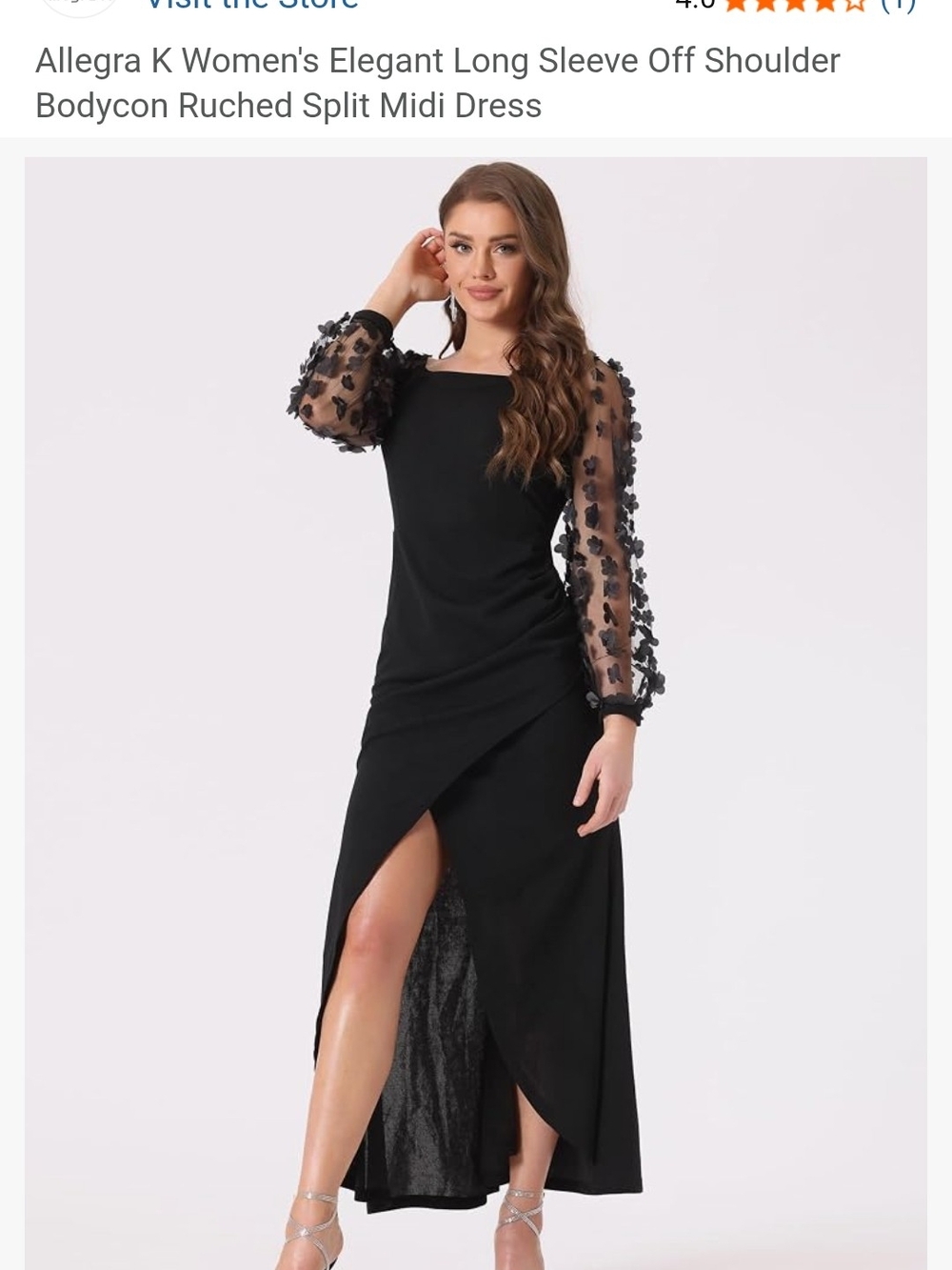 Allegra K Black Off-Shoulder Midi Dress with Sheer Floral Sleeves